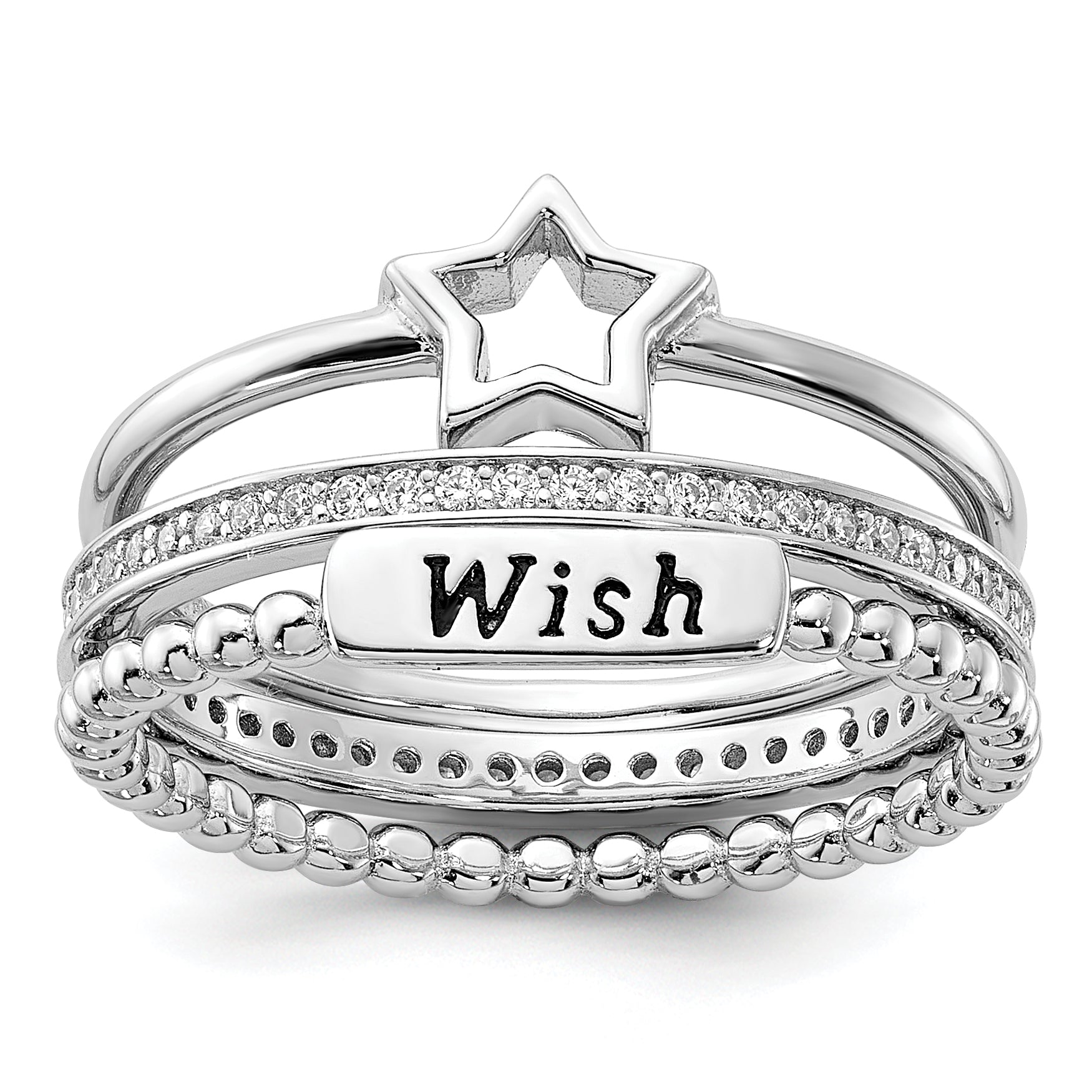Sterling Silver Rhodium-plated Black Ink CZ Star WISH 3 Ring Set