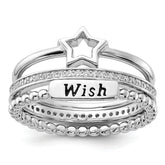 Sterling Silver Rhodium-plated Black Ink CZ Star WISH 3 Ring Set
