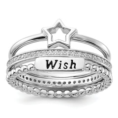 Sterling Silver Rhodium-plated Black Ink CZ Star WISH 3 Ring Set