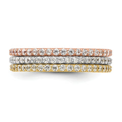 Sterling Silver Rhodium-plated Gold and Rose-tone CZ 3 Eternity Band Set