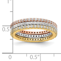 Sterling Silver Rhodium-plated Gold and Rose-tone CZ 3 Eternity Band Set
