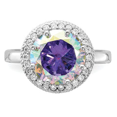 Sterling Silver Rhodium-plated Clear and Iridescent CZ Rnd Halo Ring