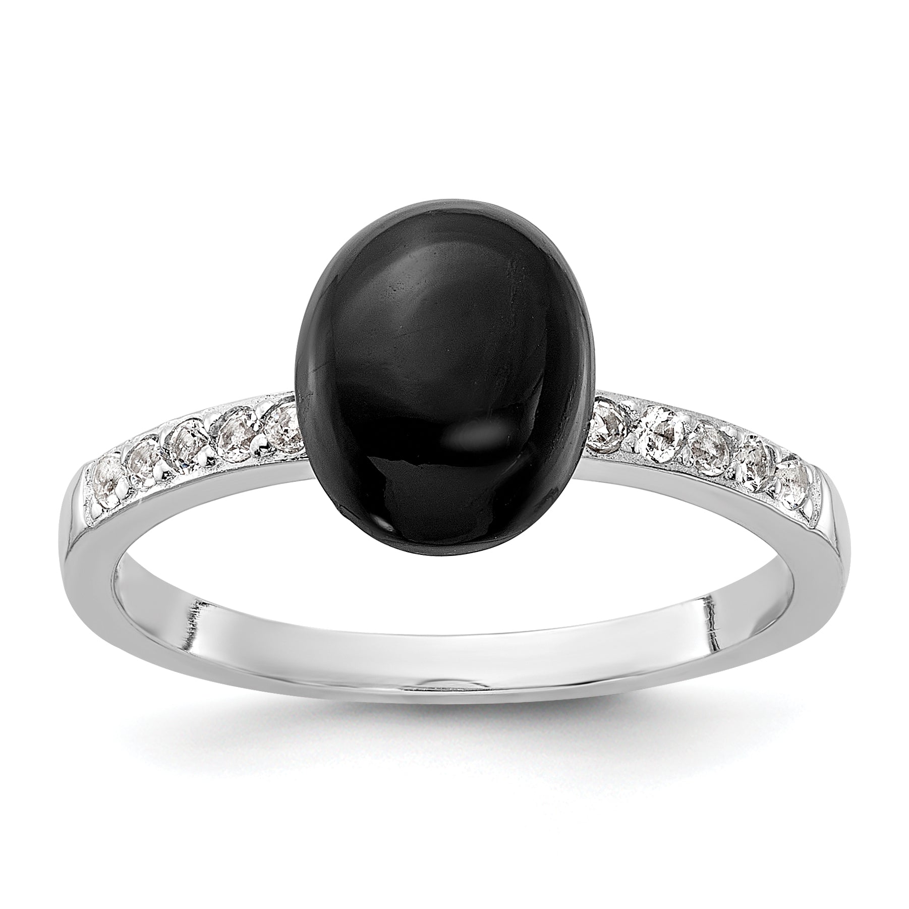 Sterling Silver Rhodium-plated Onyx and .2WT White Topaz Ring