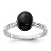 Sterling Silver Rhodium-plated Onyx and .2WT White Topaz Ring
