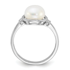 Sterling Silver Rhodium-plated 8-9mm White Button Freshwater Cultured Pearl and CZ Circle Ring