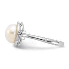 Sterling Silver Rhodium-plated 8-9mm White Button Freshwater Cultured Pearl and CZ Circle Ring