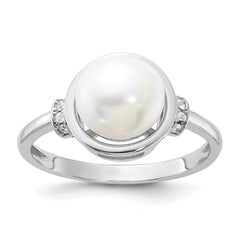 Sterling Silver Rhodium-plated 8-9mm White Button Freshwater Cultured Pearl and CZ Circle Ring