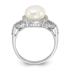 Sterling Silver Rhodium-plated 9-10mm White Button Freshwater Cultured Pearl and CZ Ring