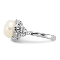 Sterling Silver Rhodium-plated 9-10mm White Button Freshwater Cultured Pearl and CZ Ring