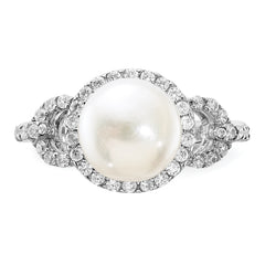 Sterling Silver Rhodium-plated 9-10mm White Button Freshwater Cultured Pearl and CZ Ring
