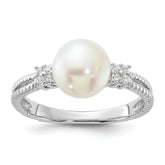Sterling Silver Rhodium-plated 8-9mm White Button Freshwater Cultured Pearl and CZ Ring