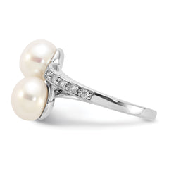 Sterling Silver Rhodium-plated 8-9mm White Button Freshwater Cultured Pearl and CZ Bypass Ring