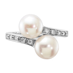 Sterling Silver Rhodium-plated 8-9mm White Button Freshwater Cultured Pearl and CZ Bypass Ring