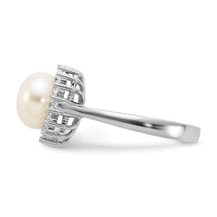 Sterling Silver Rhodium-plated 8-9mm White Freshwater Cultured Pearl and CZ Ring