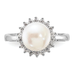Sterling Silver Rhodium-plated 8-9mm White Freshwater Cultured Pearl and CZ Ring