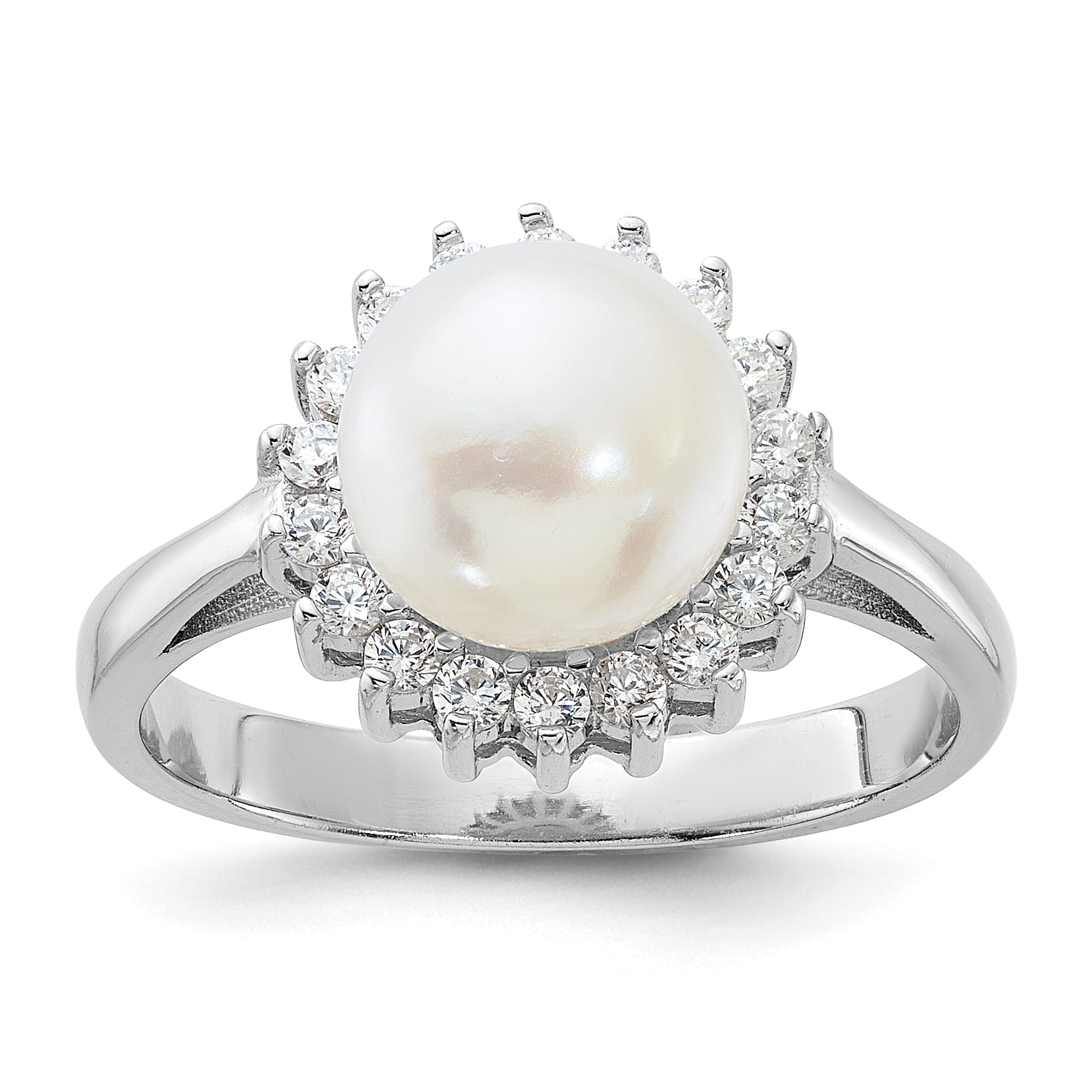 Sterling Silver Rhodium-plated 8-9mm White Freshwater Cultured Pearl and CZ Ring