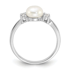 Sterling Silver Rhodium-plated 6-7mm White Freshwater Cultured Pearl and CZ Ring