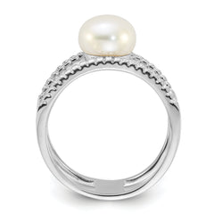 Sterling Silver Rhodium-plated 8-9mm White Freshwater Cultured Pearl and CZ Ring