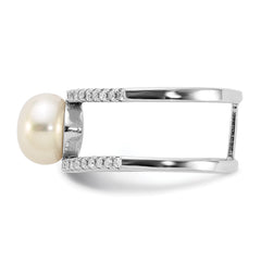 Sterling Silver Rhodium-plated 8-9mm White Freshwater Cultured Pearl and CZ Ring