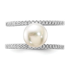 Sterling Silver Rhodium-plated 8-9mm White Freshwater Cultured Pearl and CZ Ring