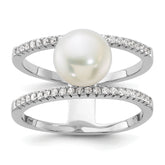 Sterling Silver Rhodium-plated 8-9mm White Freshwater Cultured Pearl and CZ Ring
