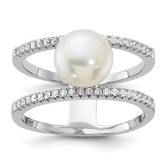 Sterling Silver Rhodium-plated 8-9mm White Freshwater Cultured Pearl and CZ Ring