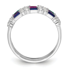 Sterling Silver Rhodium-plated Green, Red and Blue CZ 3 Ring Set