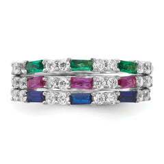 Sterling Silver Rhodium-plated Green, Red and Blue CZ 3 Ring Set