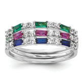 Sterling Silver Rhodium-plated Green, Red and Blue CZ 3 Ring Set