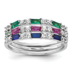 Sterling Silver Rhodium-plated Green, Red and Blue CZ 3 Ring Set