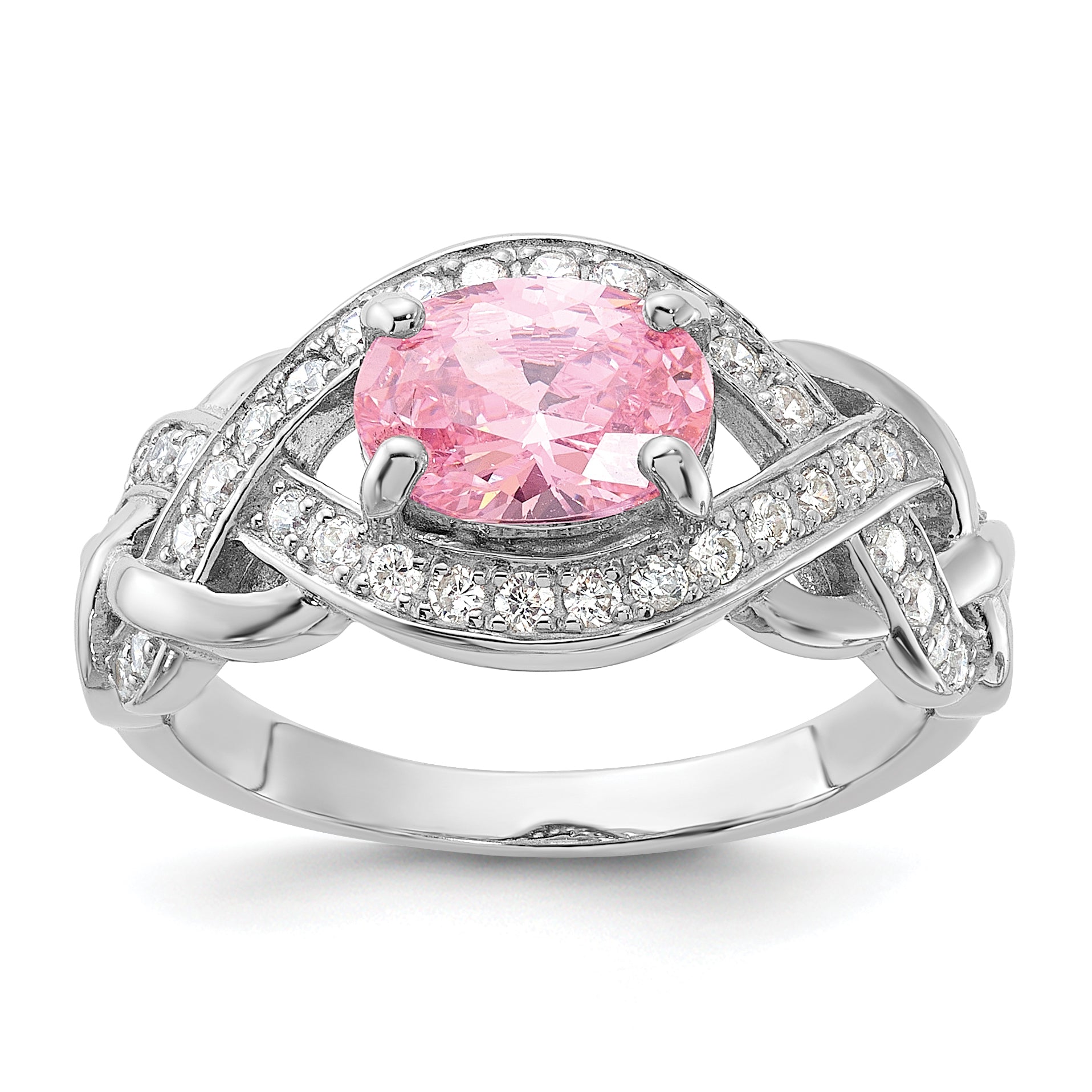 Sterling Silver Rhodium-plated Pink & White CZ Braided Ring