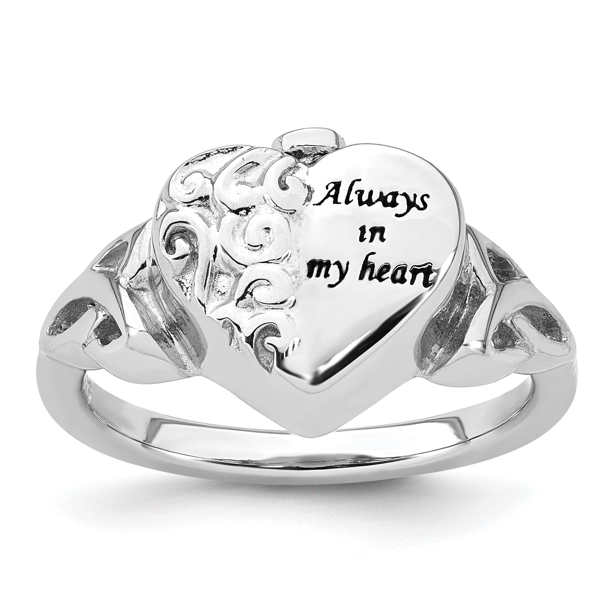 Sterling Silver Rhod-plated Enameled Celtic Knot Heart ALWAYS IN MY HEART Ash Holder Size 8 Ring