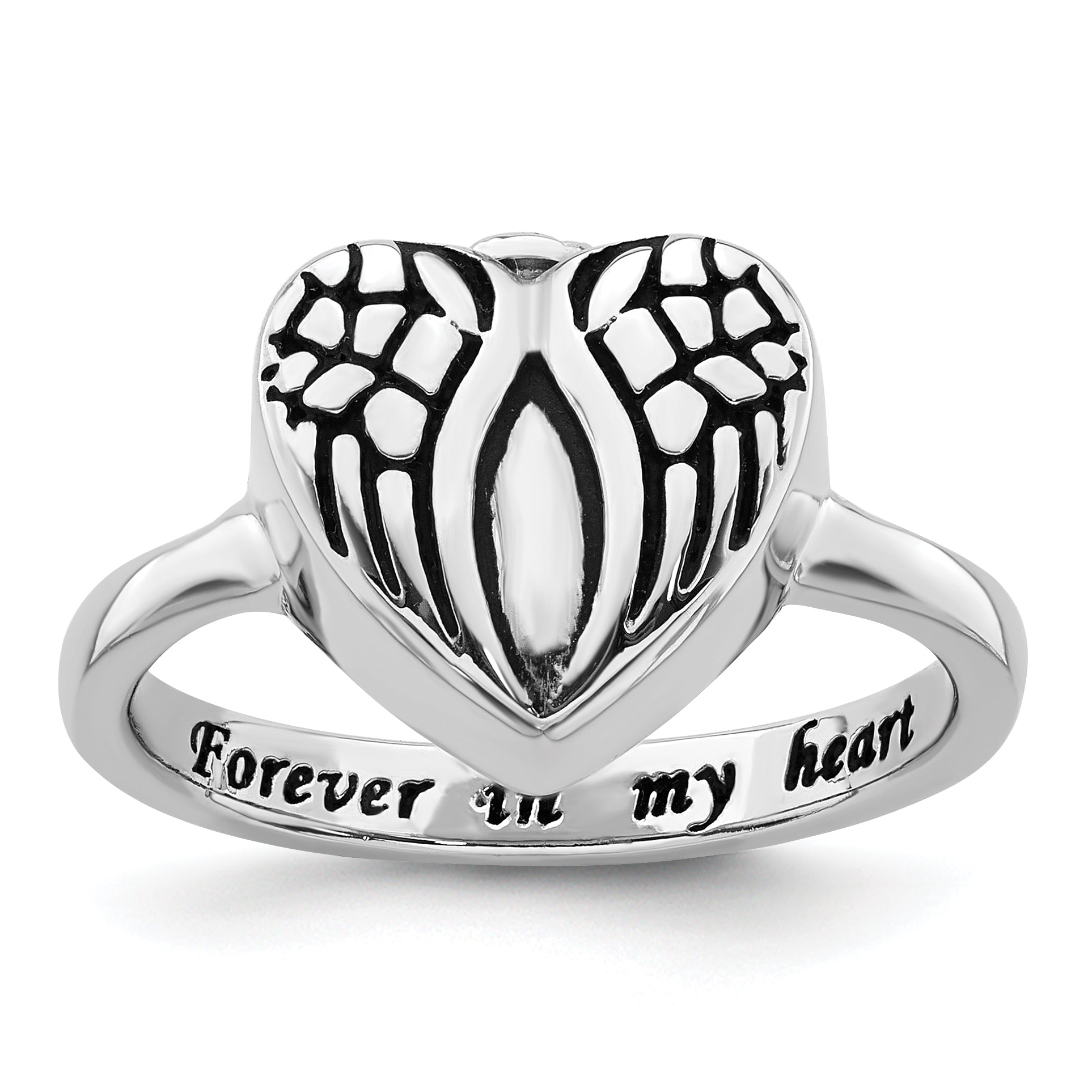 Sterling Silver Rhodium-plated Enameled Heart With Wings FOREVER IN MY HEART (Inside) Ash Holder Size 8 Ring