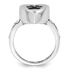 Sterling Silver Rhodium-plated CZ Shank Heart Enameled Paw Print FOREVER IN MY HEART (Inside) Ash Holder Size 8 Ring