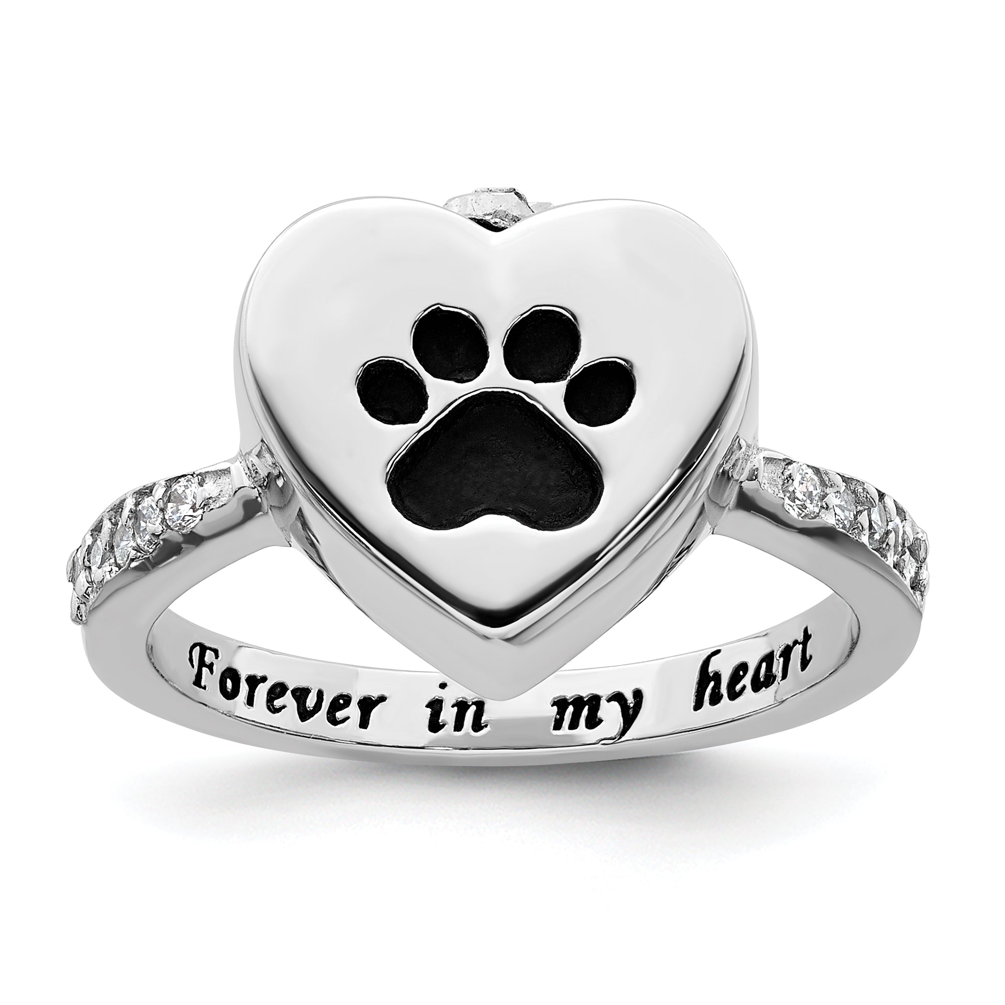 Sterling Silver Rhodium-plated CZ Shank Heart Enameled Paw Print FOREVER IN MY HEART (Inside) Ash Holder Size 8 Ring