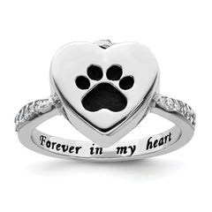 Sterling Silver Rhodium-plated CZ Shank Heart Enameled Paw Print FOREVER IN MY HEART (Inside) Ash Holder Size 8 Ring