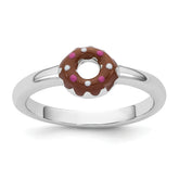 Sterling Silver Rhodium-plated Children's Size 4 Brown with Pink and White Enamel Sprinkled Donut Ring