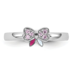 Sterling Silver Rhodium-plated Children's Size 4 Pink CZ with Pink and White Enamel Bow Ring