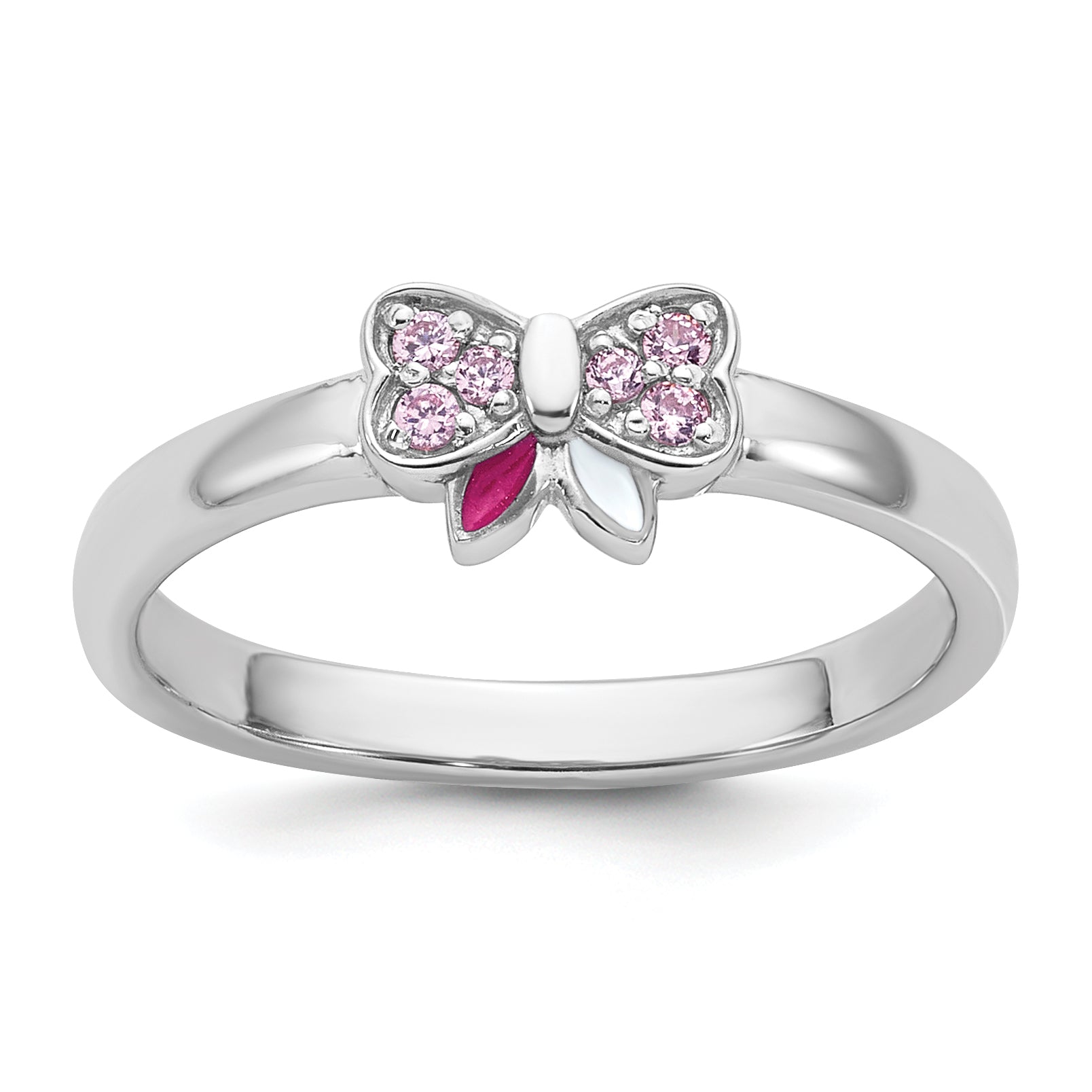 Sterling Silver Rhodium-plated Children's Size 4 Pink CZ with Pink and White Enamel Bow Ring