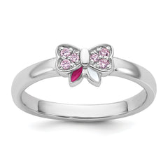 Sterling Silver Rhodium-plated Children's Size 4 Pink CZ with Pink and White Enamel Bow Ring