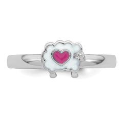 Sterling Silver Rhodium-plated Children's Size 4 White and Pink Enamel Sheep with Heart Ring