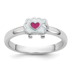 Sterling Silver Rhodium-plated Children's Size 4 White and Pink Enamel Sheep with Heart Ring