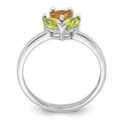 Sterling Silver Rhodium-plated Polished Heart Citrine and Peridot Flower Ring