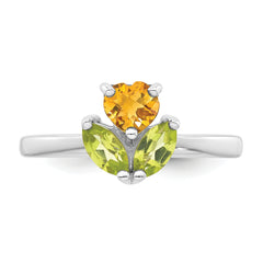 Sterling Silver Rhodium-plated Polished Heart Citrine and Peridot Flower Ring