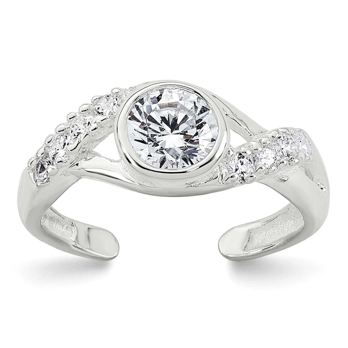 Sterling Silver Polished Fancy CZ Twisted Sides Adjustable Toe Ring