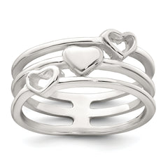 Sterling Silver Polished Hearts Three Band Size 8 Ring