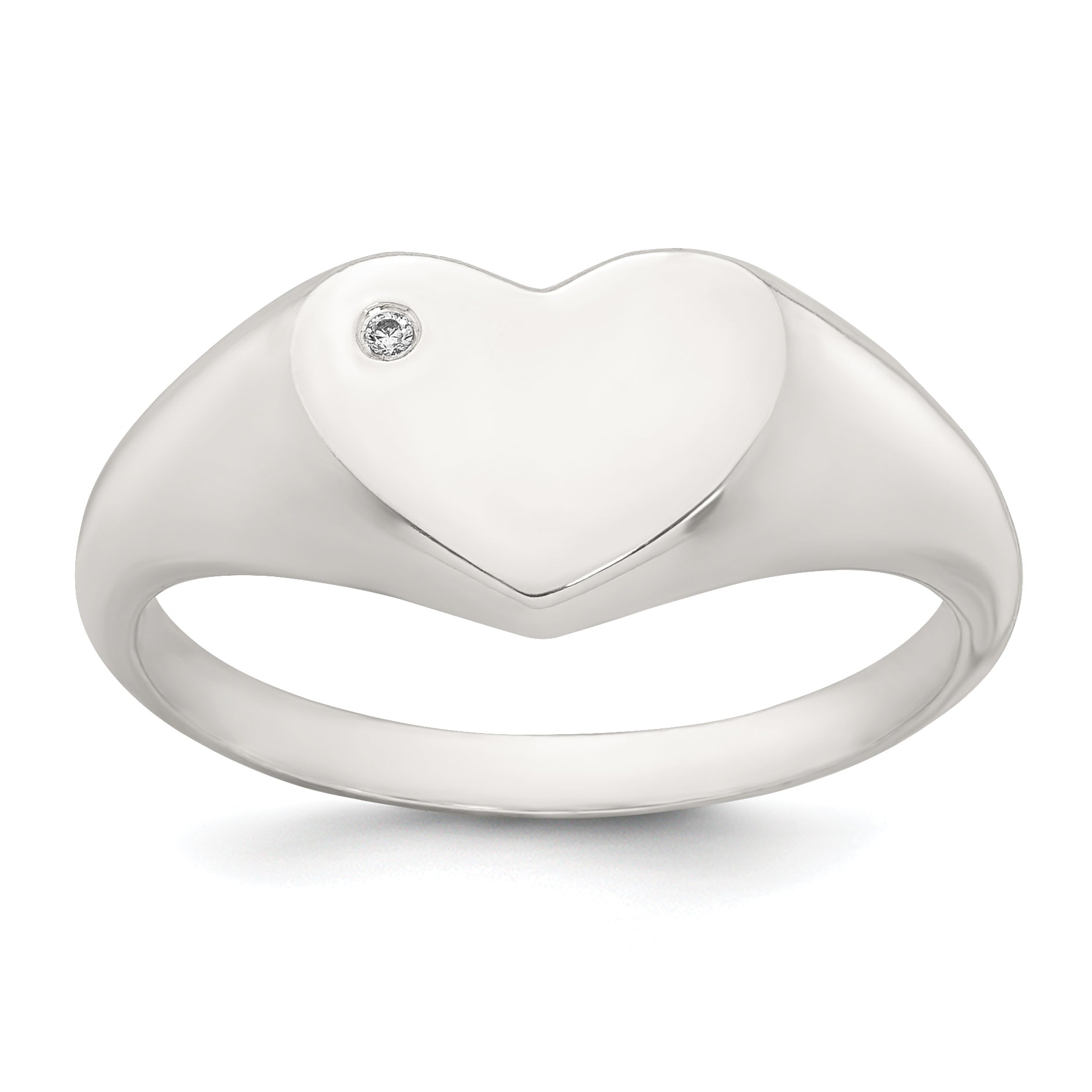 Sterling Silver Polished White CZ Heart Size 8 Signet Ring