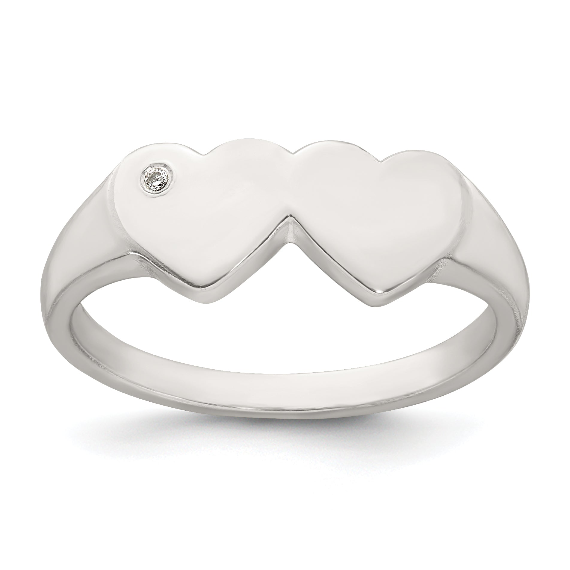 Sterling Silver Polished White CZ Double Heart Size 8 Signet Ring