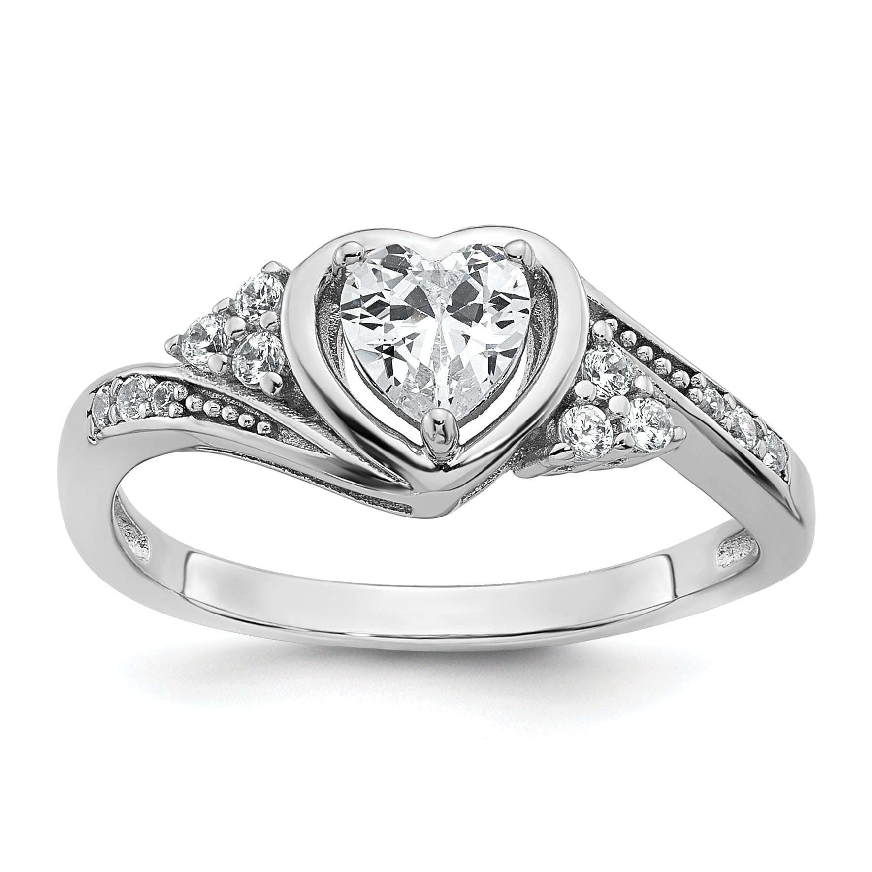 Sterling Silver Rhodium-plated Polished Fancy CZ Center Heart Size 8 Ring