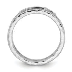 Sterling Silver Rhodium-plated Polished CZ and Hammered Cross Double Band Size 8 Ring